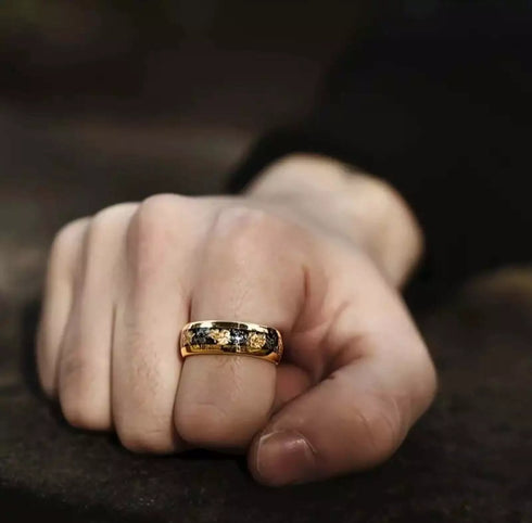 Men's 8mm Tungsten Gold Leaf Flakes & Crushed Meteorite Comfort-Fit Wedding Band